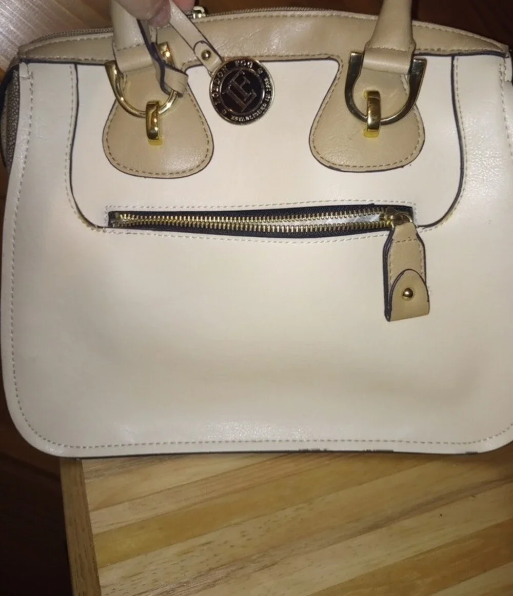 London Fog Cream and Tan Women’s Handbag with Gold Accents